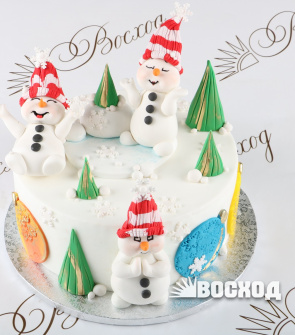 Торт № 833 Праздничный в марципановой обтяжке (снеговики)